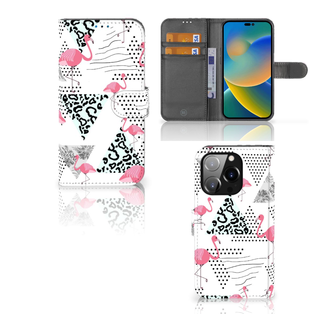 iPhone 14 Pro Telefoonhoesje met Pasjes Flamingo Triangle - kleurrijk ontwerp met flamingo's en driehoeken