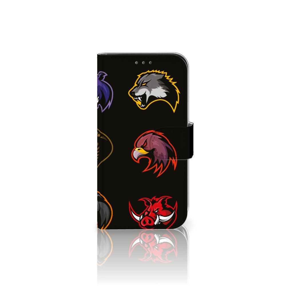 Apple iPhone 12 Mini Leuk Hoesje Cartoon met kleurrijke dierenlogo's op zwarte achtergrond.