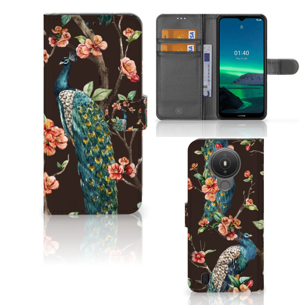 Nokia 1.4 Telefoonhoesje met Pasjes Pauw met Bloemen