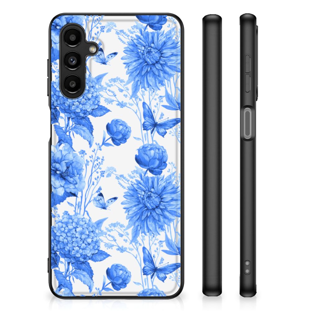 Bloemen Hoesje voor Samsung Galaxy A14 5G Flowers Blue met blauw bloemen design en vlinders.