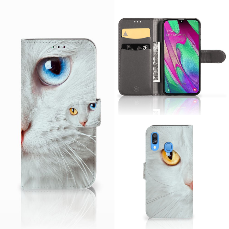 Samsung Galaxy A40 Telefoonhoesje met Pasjes Witte Kat