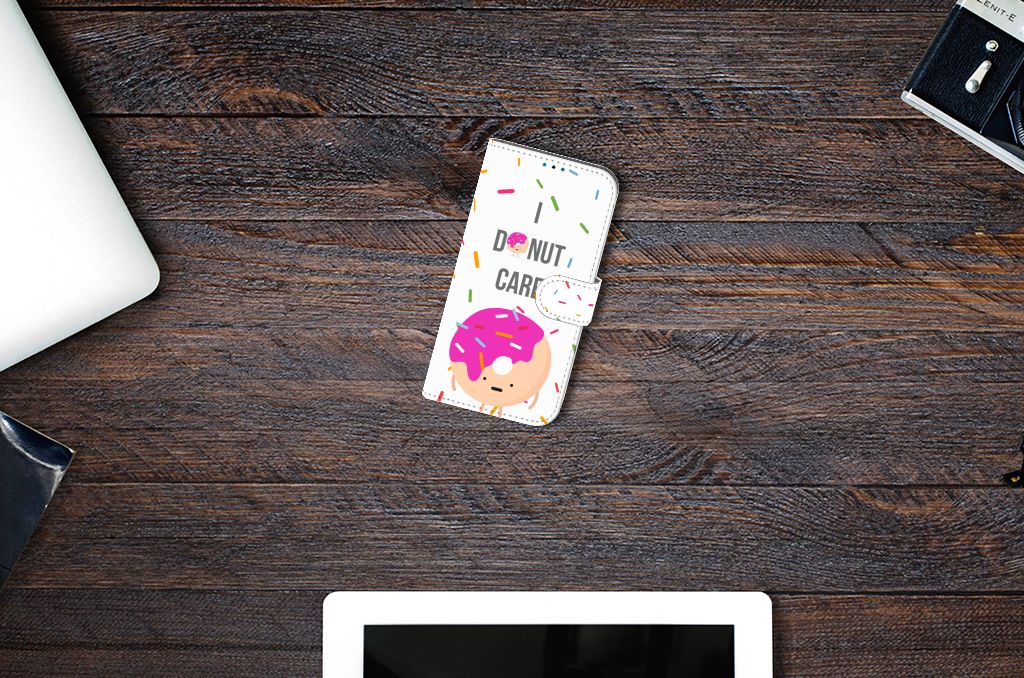 iPhone 14 Pro Book Cover Donut Roze met vrolijk donutdesign en de tekst 'I donut care' 🍩