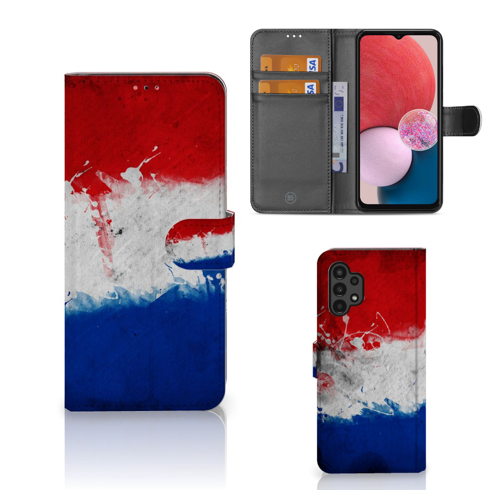 Samsung Galaxy A13 (4G) Bookstyle Case Nederland met artistiek ontwerp van de Nederlandse vlag.