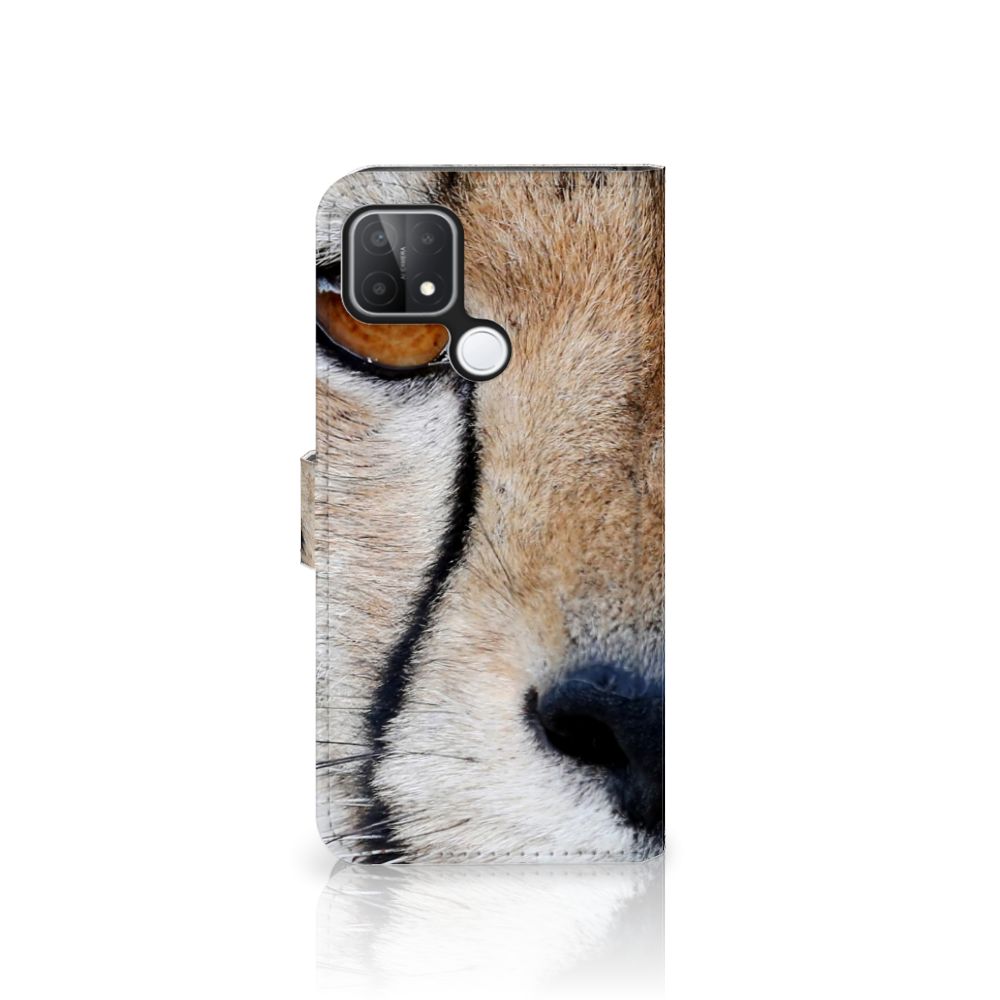 OPPO A15 Telefoonhoesje met Pasjes Cheetah met een close-up van een cheeta gezicht