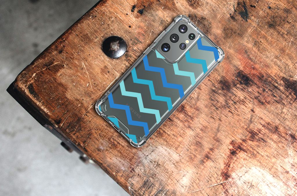 Samsung Galaxy S21 Ultra Doorzichtige Silicone Hoesje Zigzag Blauw B2C Telecom