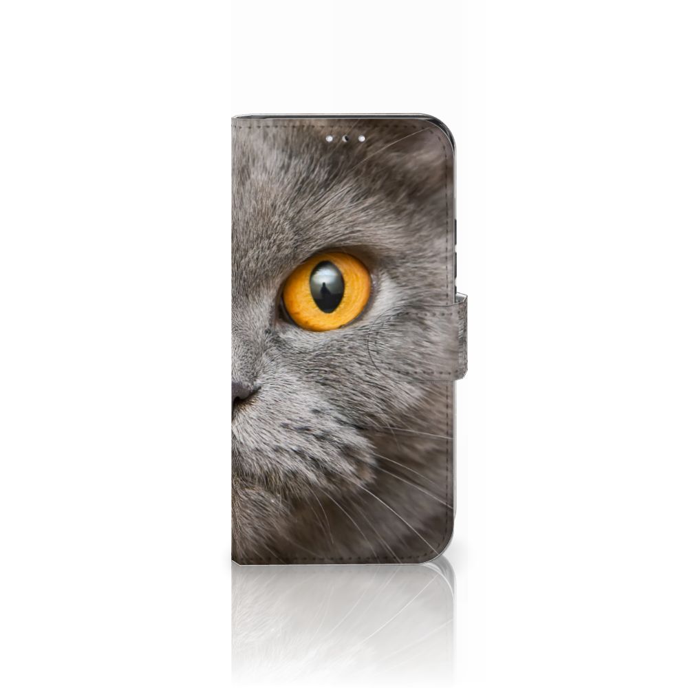 Telefoonhoesje met Pasjes Samsung Galaxy S22 Britse Korthaar met afbeelding van kat met gele ogen.