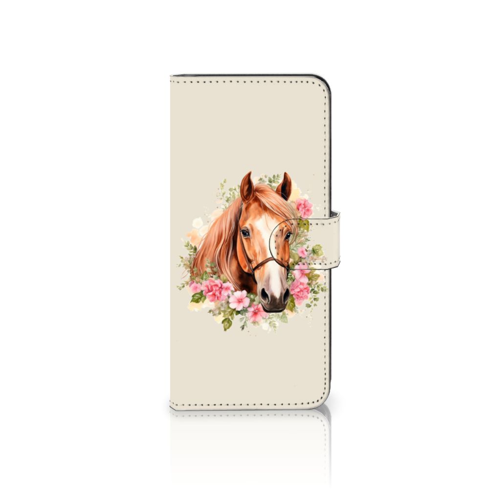Telefoonhoesje met Pasjes voor Samsung Galaxy A14 4G Paard met paardenontwerp en bloemen.