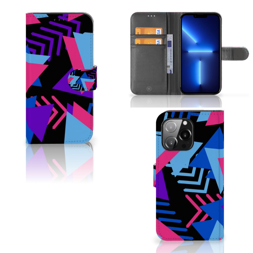 iPhone 13 Pro Book Case Funky Triangle met paarse, roze en blauwe driehoeken en zwart design.