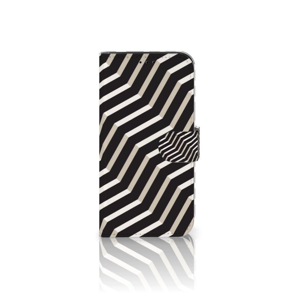 iPhone 13 Pro Book Case Illusion met abstract zwart-wit ontwerp en optische illusies voor stijl en bescherming.