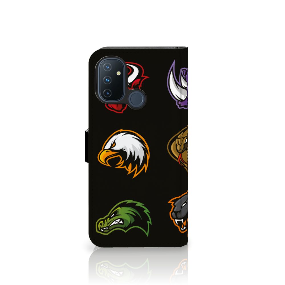 OnePlus Nord N100 Leuk Hoesje Cartoon met kleurrijke cartoons en dierenprints op een zwart achtergrond.