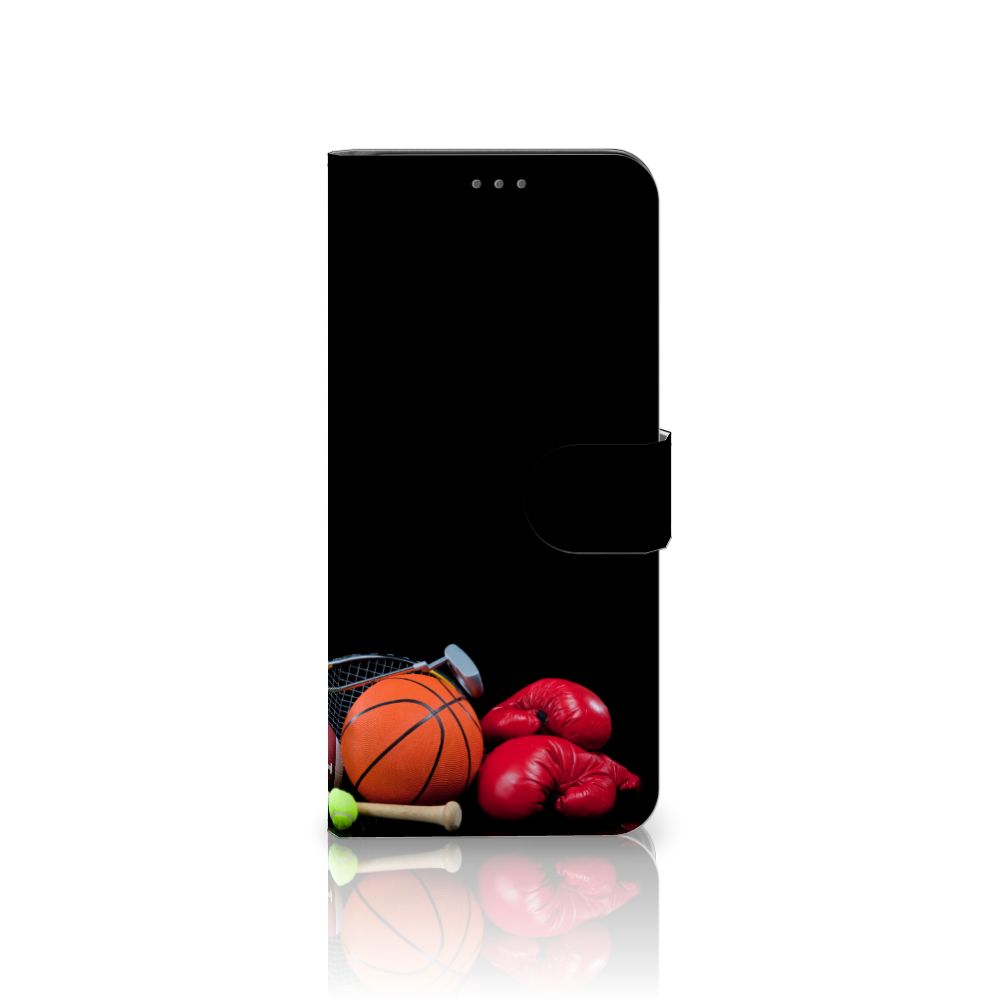 Samsung Galaxy S21 Plus Wallet Case met Pasjes Sports met sportafbeeldingen van een basketbal en bokshandschoenen.