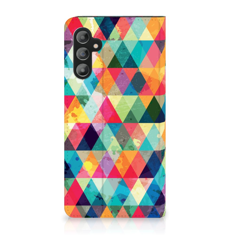Samsung Galaxy A14 4G Hoesje met Magneet Geruit in kleurrijk ruitjesdesign met grijze achtergrond