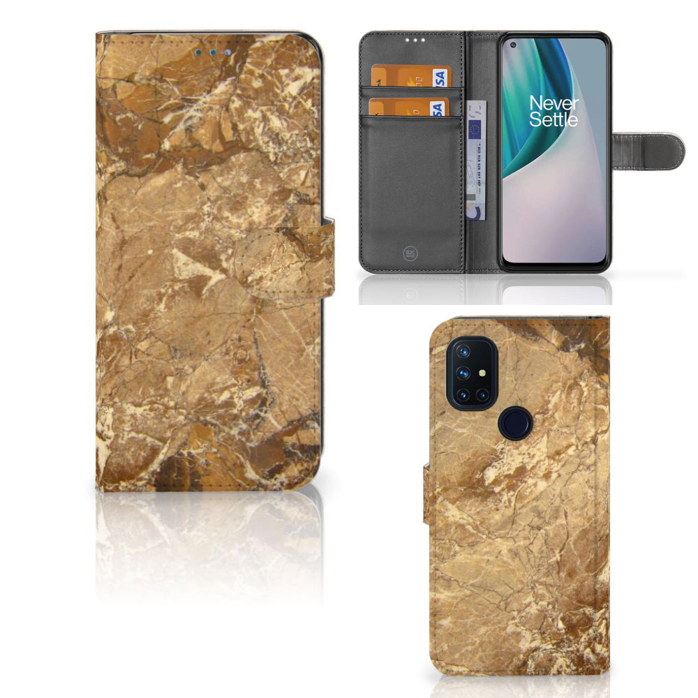 OnePlus Nord N10 Bookcase Marmer Creme met pasjes en luxe marmer design in bruin en crème.