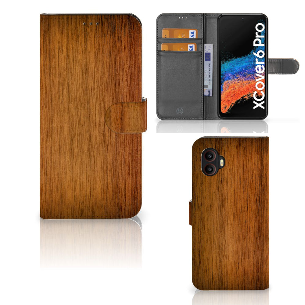 Samsung Galaxy Xcover 6 Pro Book Style Case Donker Hout