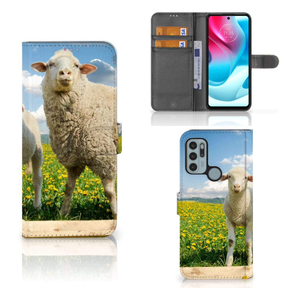 Motorola Moto G60s Telefoonhoesje met Pasjes Schaap en Lammetje