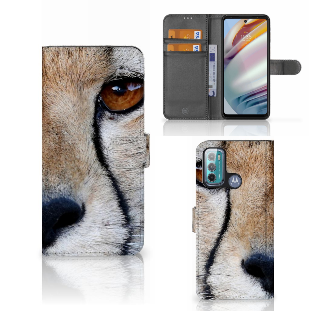 Motorola Moto G60 Telefoonhoesje met Pasjes Cheetah met close-up van cheeta en ruimte voor 3 pasjes.
