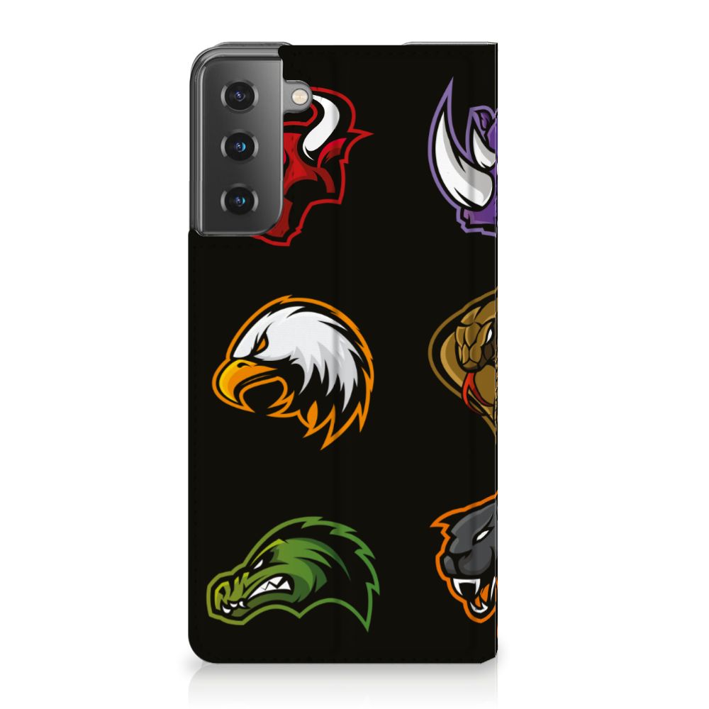 Samsung Galaxy S21 Plus Magnet Case Cartoon met kleurrijke cartoon dierenhoofden op een zwarte achtergrond.