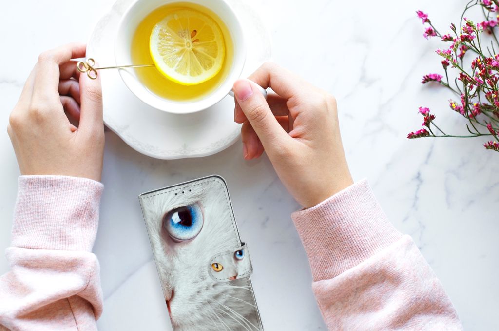 Samsung Galaxy M10 Telefoonhoesje met Pasjes Witte Kat