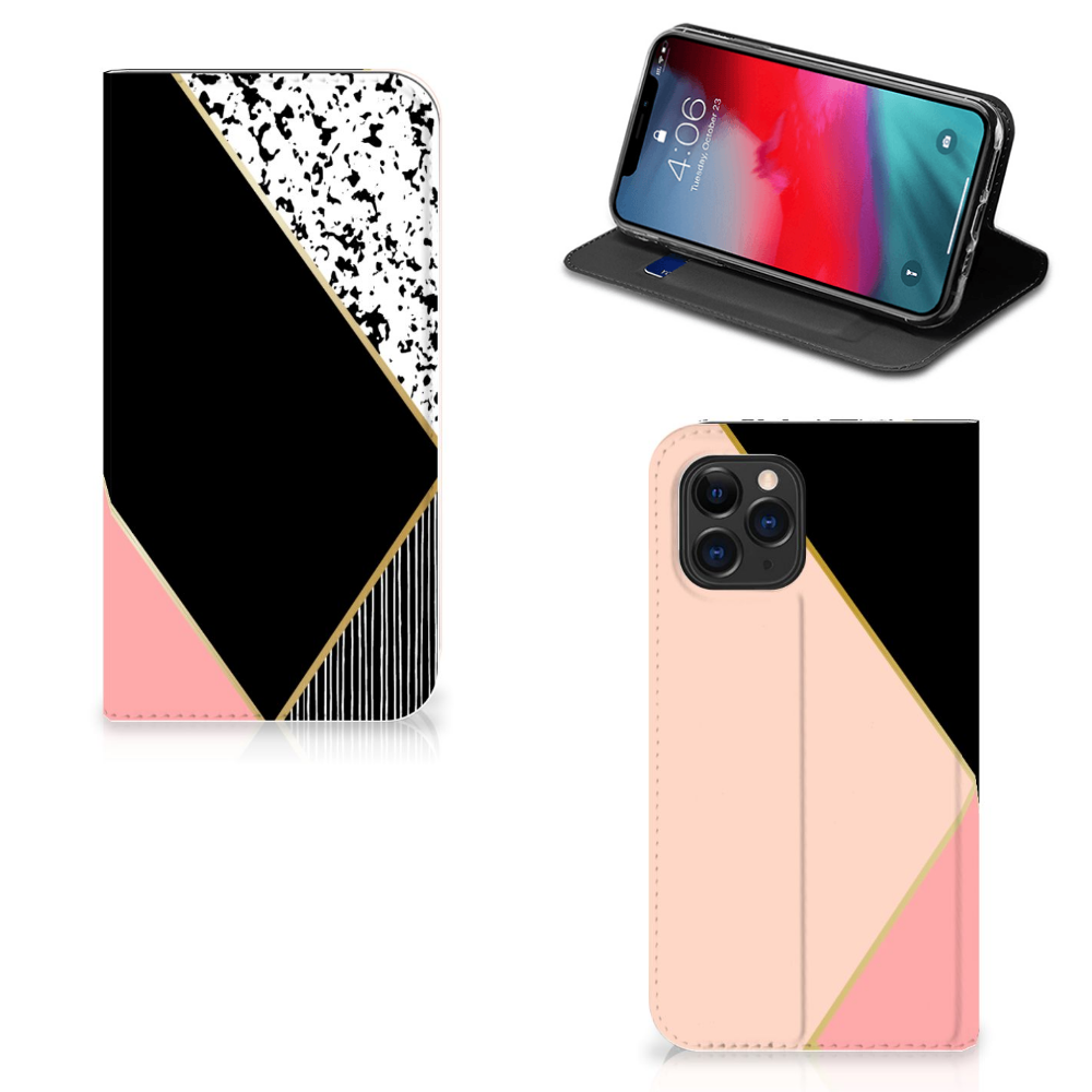 Apple iPhone 11 Pro Stand Case Zwart Roze Vormen