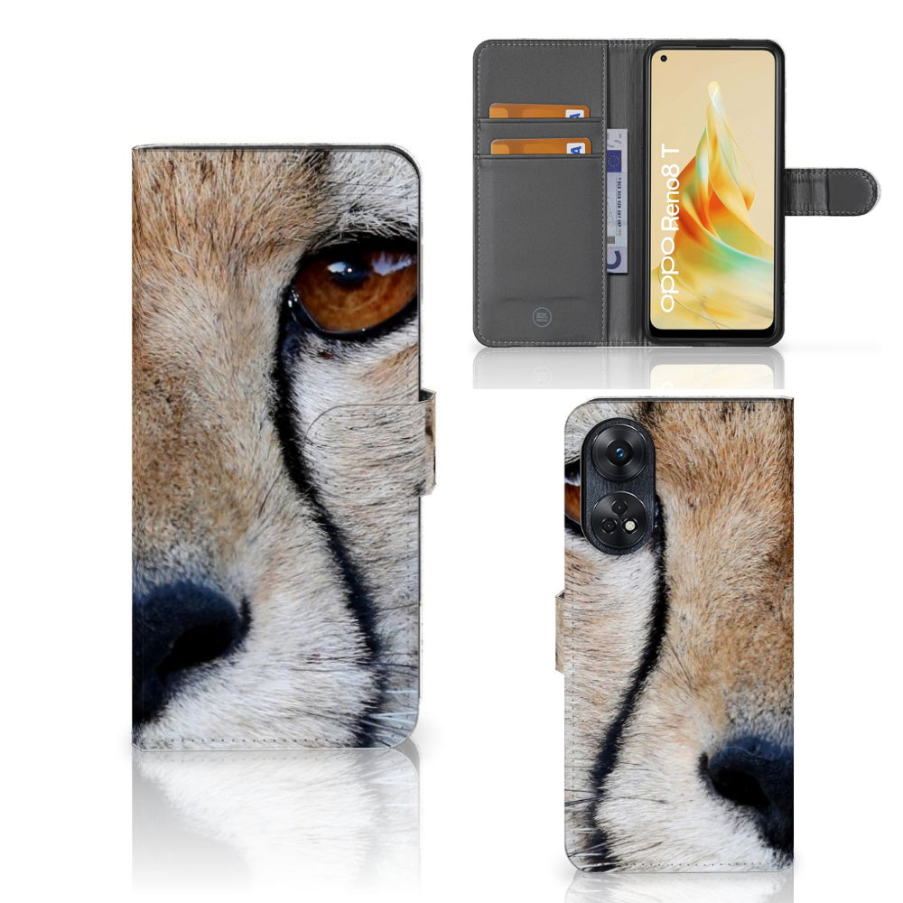 OPPO Reno8 T 4G Telefoonhoesje met Pasjes Cheetah close-up van cheeta gezicht en interieur met pasjesruimte.