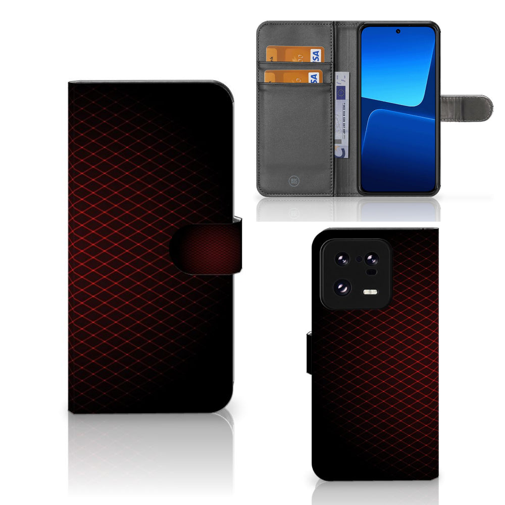 Xiaomi 13 Pro Telefoon Hoesje Geruit Rood met ruimte voor 3 pasjes en minimalistisch design.