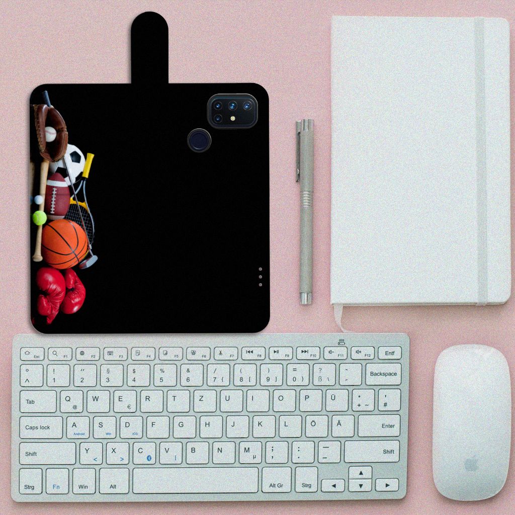 OnePlus Nord N10 Wallet Case met Pasjes Sports met sportafbeeldingen en accessoires op een bureau