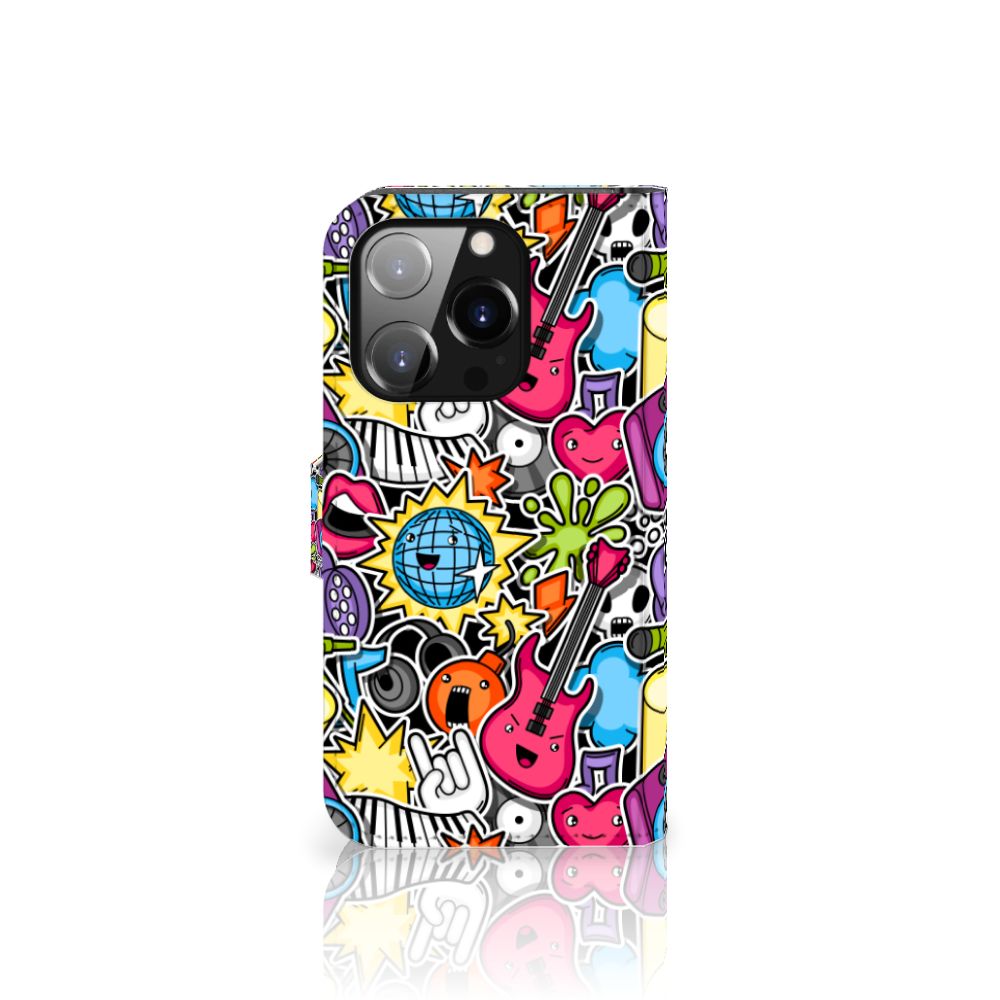 iPhone 14 Pro Wallet Case met Pasjes Punk Rock met kleurrijke punk rock doodles zoals gitaren en discoballen 🌟.