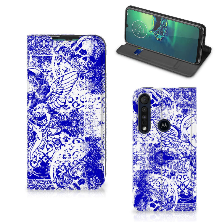 Mobiel BookCase Motorola G8 Plus Angel Skull Blauw