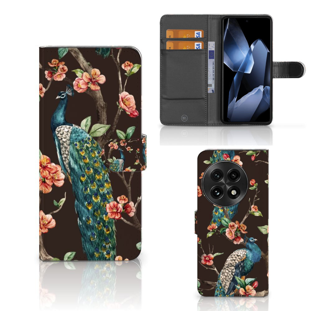 OnePlus 13 Telefoonhoesje met Pasjes Pauw met Bloemen