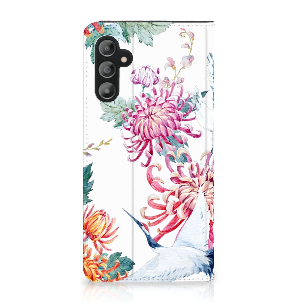 Samsung Galaxy A14 4G Hoesje maken Bird Flowers met kleurrijke bloemen en ooievaarsontwerp.