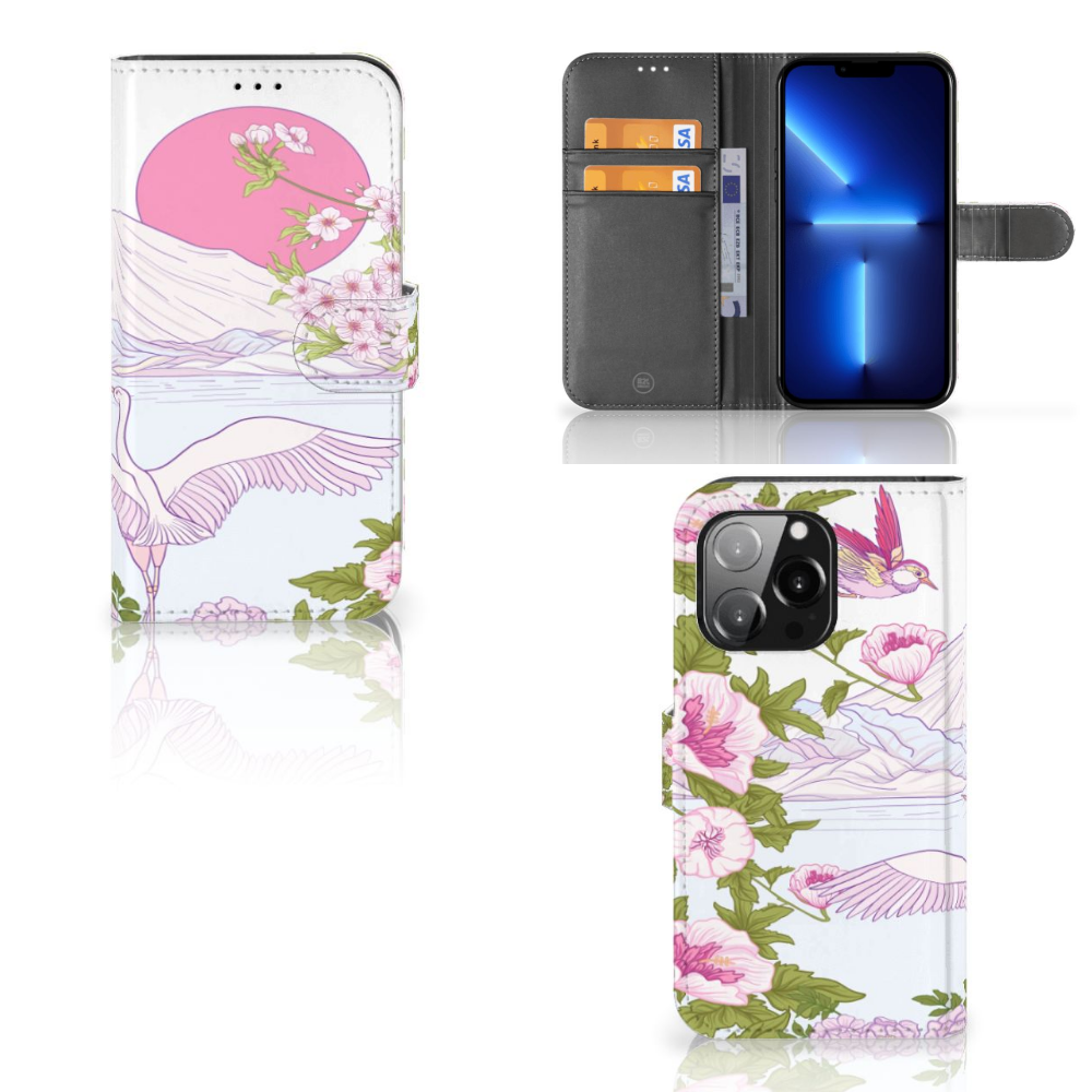 iPhone 13 Pro Telefoonhoesje met Pasjes Bird Standing met kleurrijk ontwerp van vogels en bloemen 🌸.