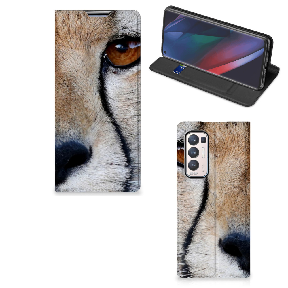 OPPO Find X3 Neo Hoesje maken Cheetah design met close-up afbeelding van een cheetah in een stand case.