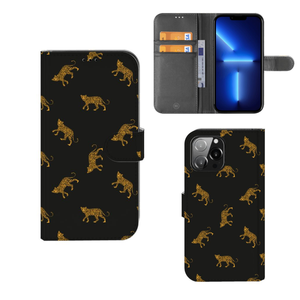 Telefoonhoesje met Pasjes voor iPhone 13 Pro Max Leopards met luipaardprint en ruimte voor drie pasjes.
