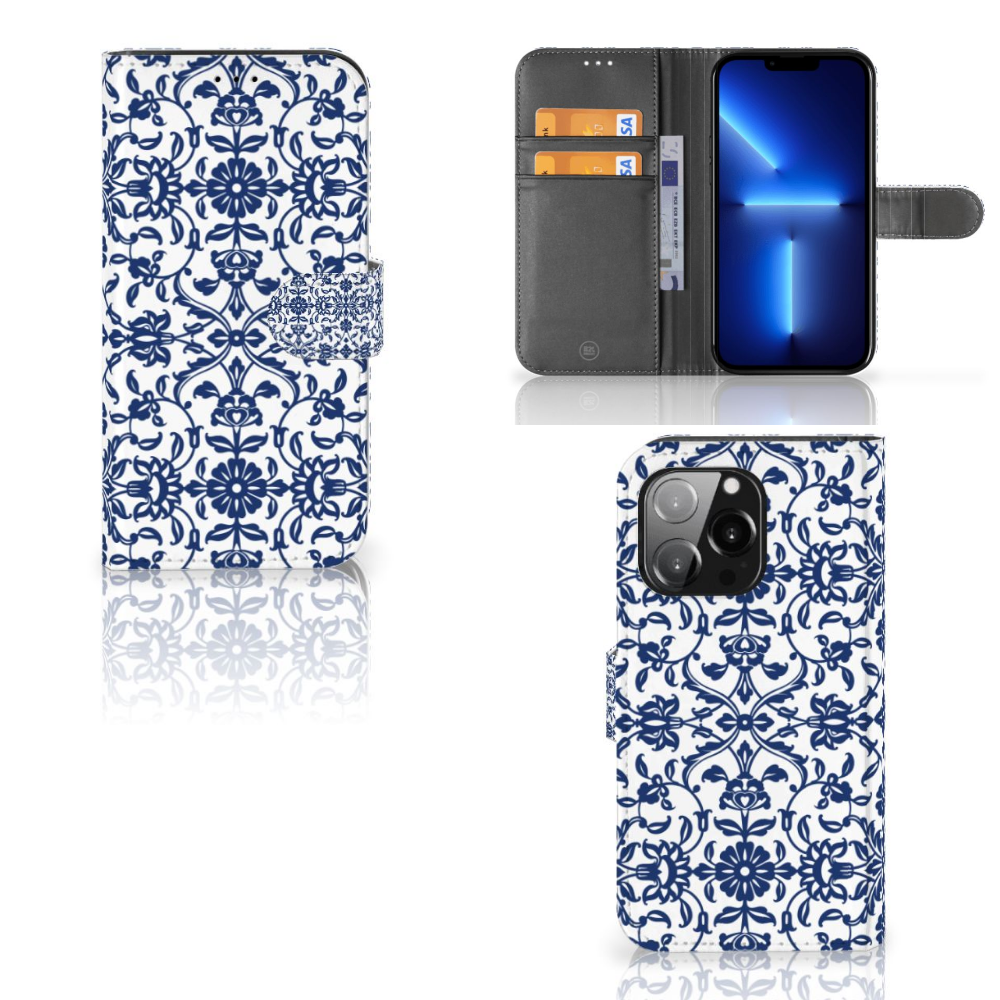 iPhone 13 Pro Hoesje Flower Blue met bloemenpatroon en ruimte voor drie pasjes 🌸