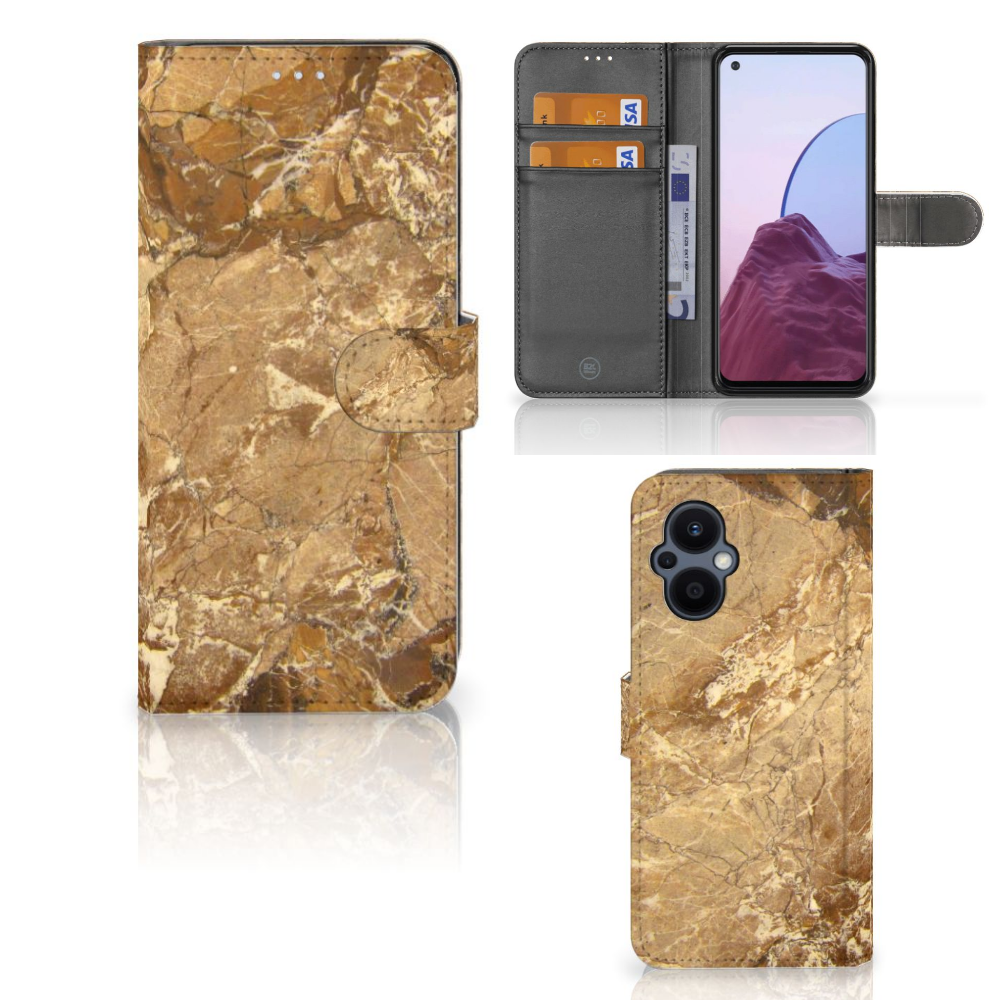OPPO Reno 8 Lite | OnePlus Nord N20 Bookcase Marmer Creme met gouden marmerprint, kaartenhouder en TPU-siliconen bescherming.