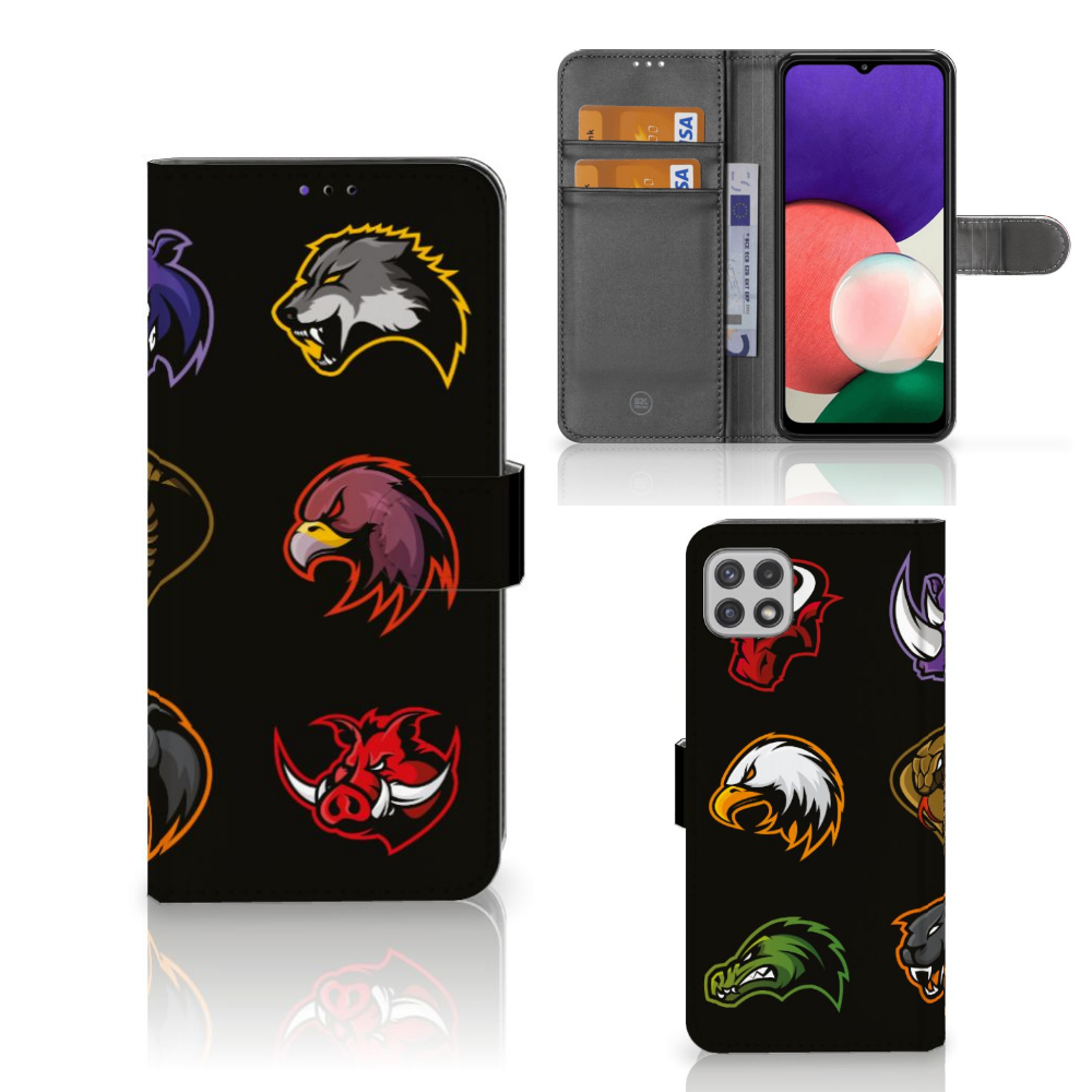 Samsung Galaxy A22 5G Leuk Hoesje Cartoon met kleurrijke dierenlogo's op een zwart ontwerp.