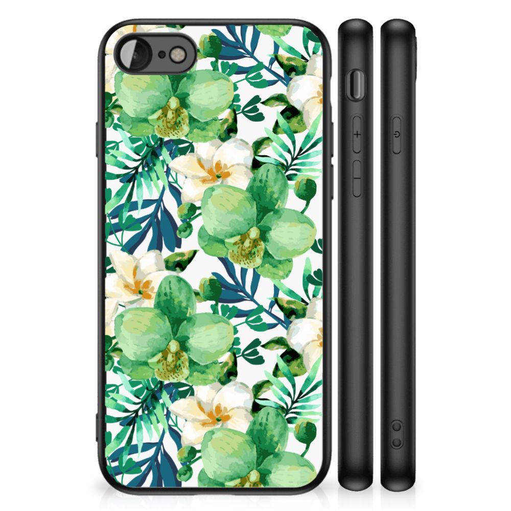 iPhone SE 2022 | SE 2020 | 7/8 Bloemen Hoesje Orchidee Groen met groen en witte orchideeën op een bloemenachtergrond.