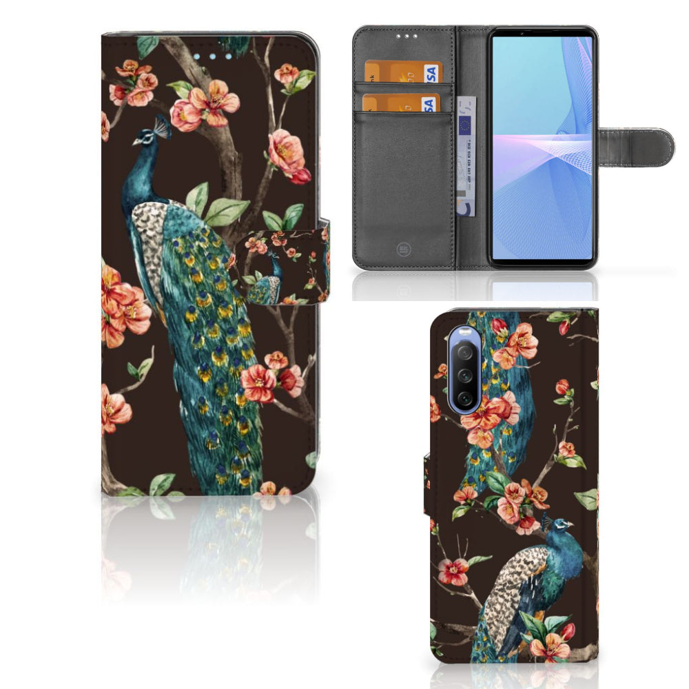 Sony Xperia 10 III Telefoonhoesje met Pasjes Pauw met Bloemen