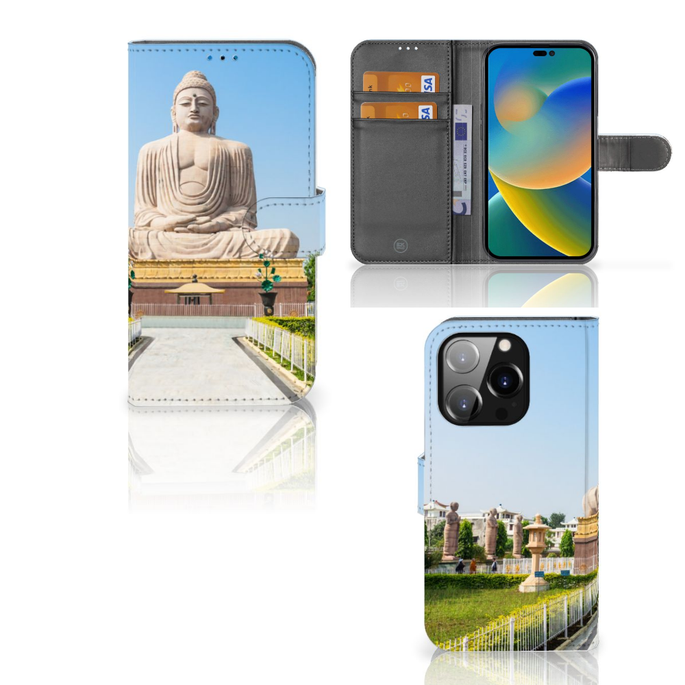 iPhone 14 Pro Flip Cover Boeddha met afbeelding van een boeddhabeeld dat rust en geluk uitstraalt.