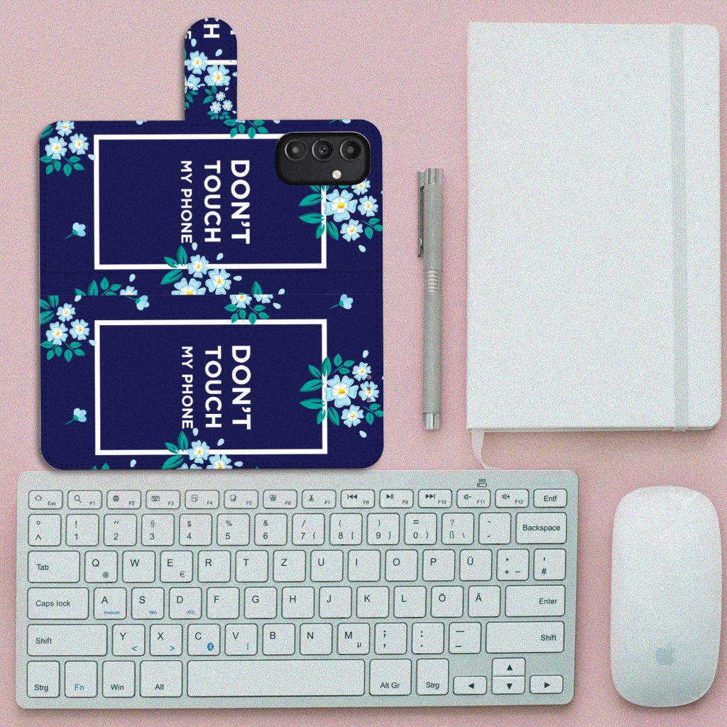 Samsung Galaxy A14 5G Portemonnee Hoesje Flowers Blue DTMP met bloemen en tekst 'DON'T TOUCH MY PHONE'