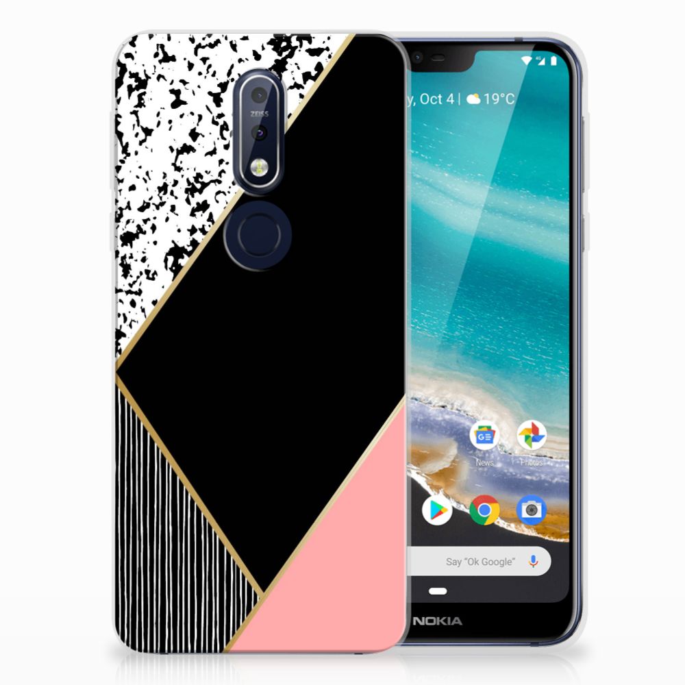 Nokia 7.1 TPU Hoesje Zwart Roze Vormen