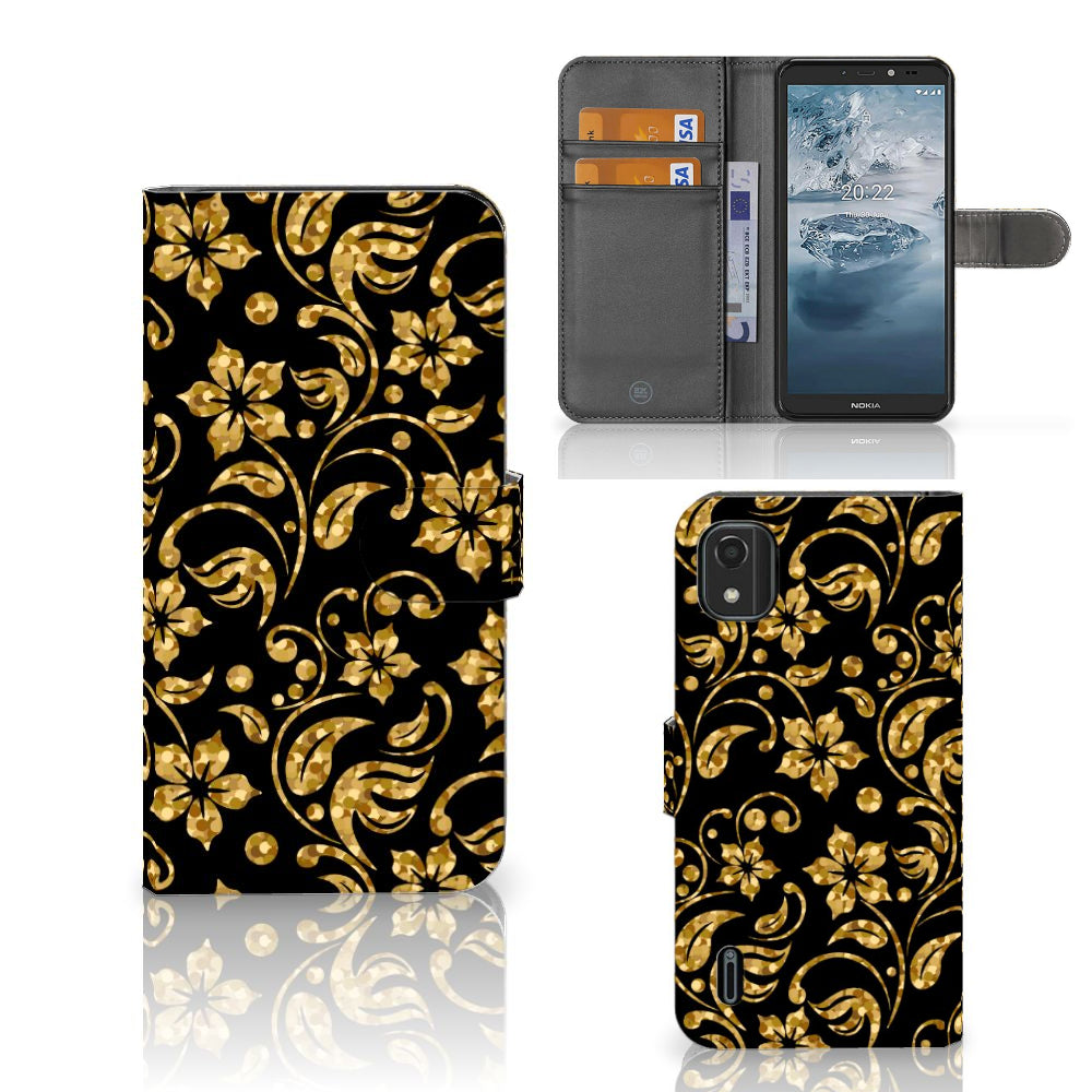 Nokia C2 2nd Edition Hoesje Gouden Bloemen