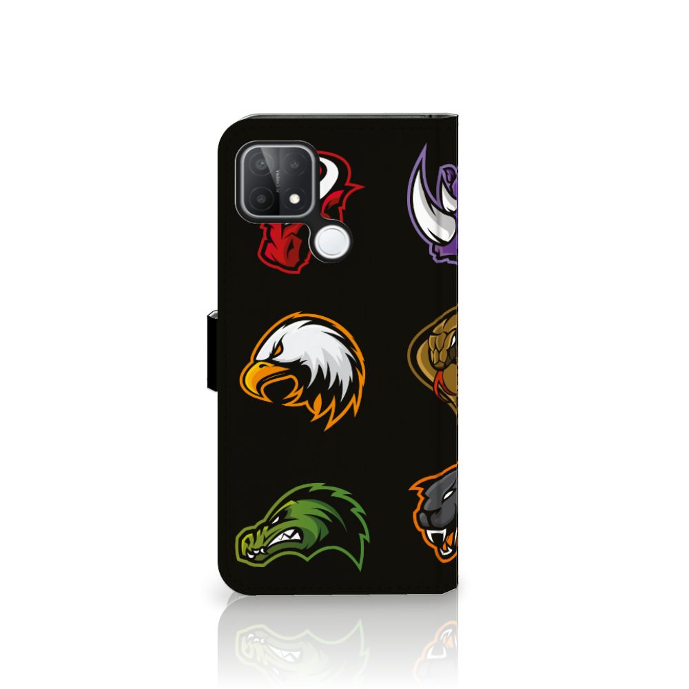 OPPO A15 Leuk Hoesje Cartoon met kleurrijke cartoon afdrukken van dieren op zwarte achtergrond.