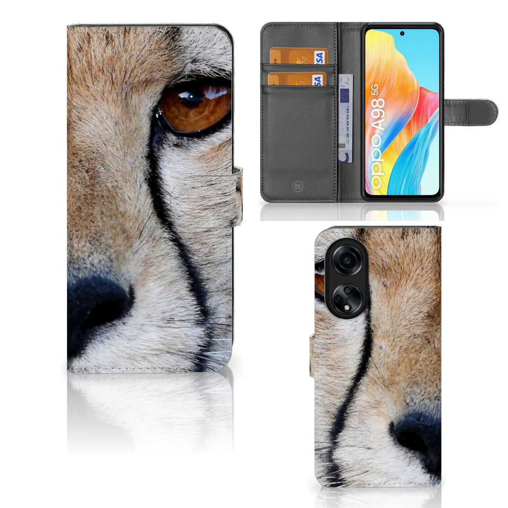 OPPO A98 5G Telefoonhoesje met Pasjes Cheetah met close-up van cheeta oog en pasjes ruimte