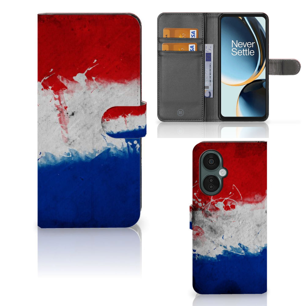 OnePlus Nord CE 3 Lite Bookstyle Case Nederland met Nederlandse vlag design, ruimte voor pasjes en telefoon.