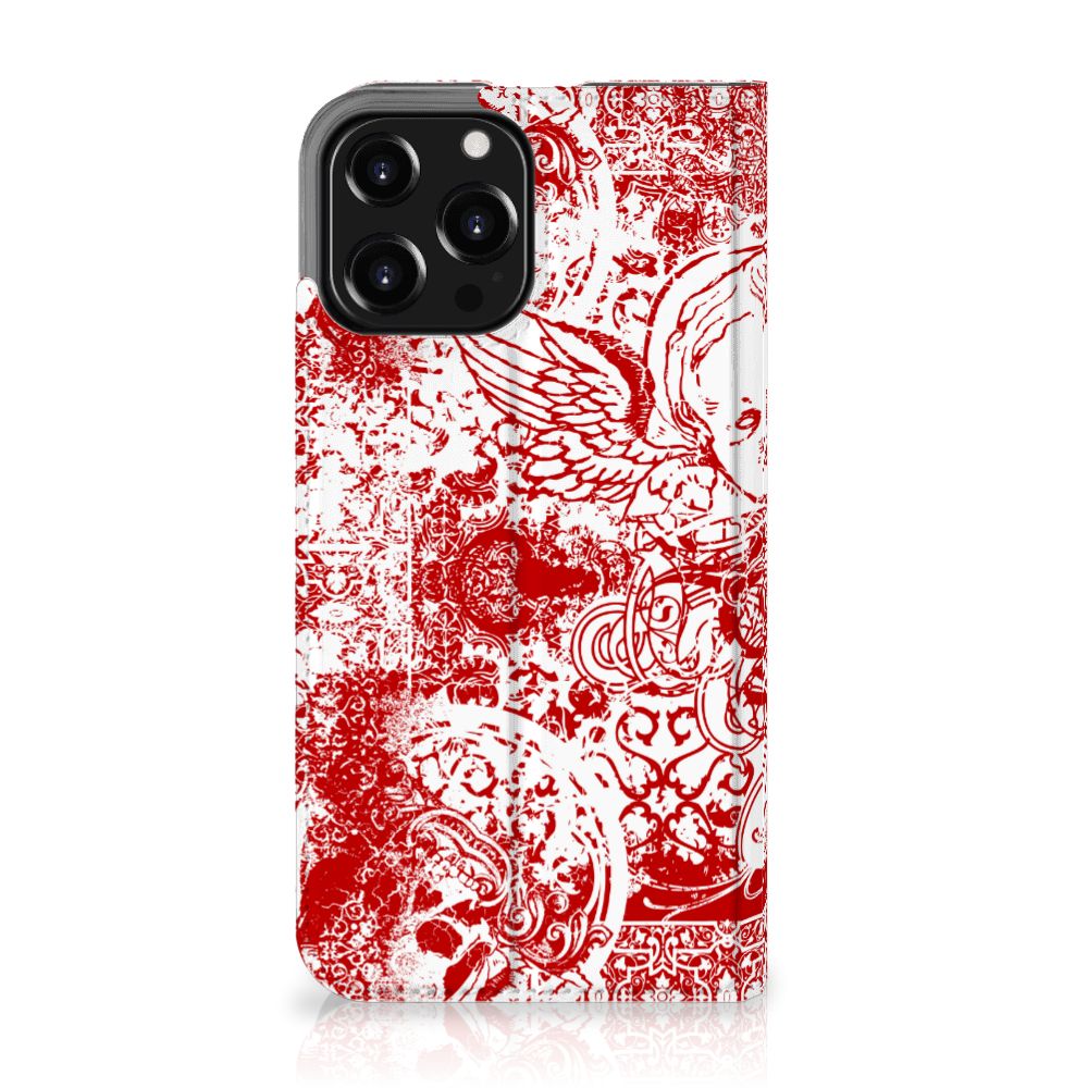 Mobiel BookCase iPhone 13 Pro Max Angel Skull Rood met mysterieus bandana patroon in rood en wit.