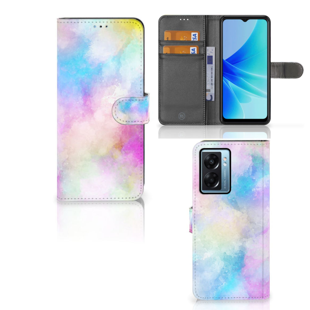 Hoesje OPPO A77 5G | A57 5G Watercolor Light met pasjeshouder en kleurrijk pastelontwerp