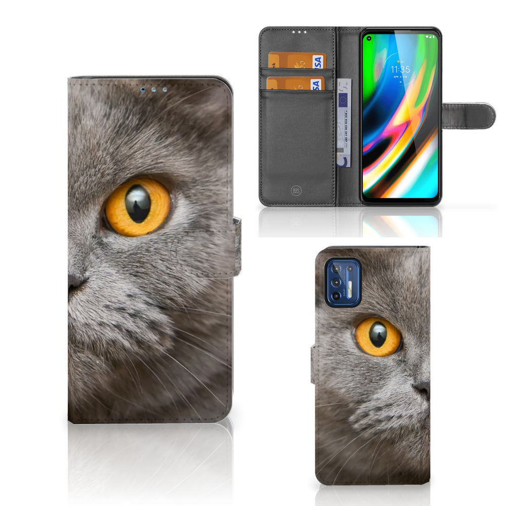 Telefoonhoesje met Pasjes Motorola Moto G9 Plus Britse Korthaar met afbeelding van een grijze kat.