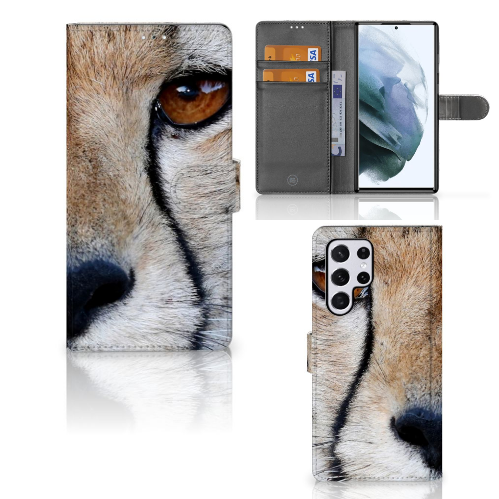 Samsung Galaxy S22 Ultra Telefoonhoesje met Pasjes Cheetah met close-up afbeelding van een cheeta