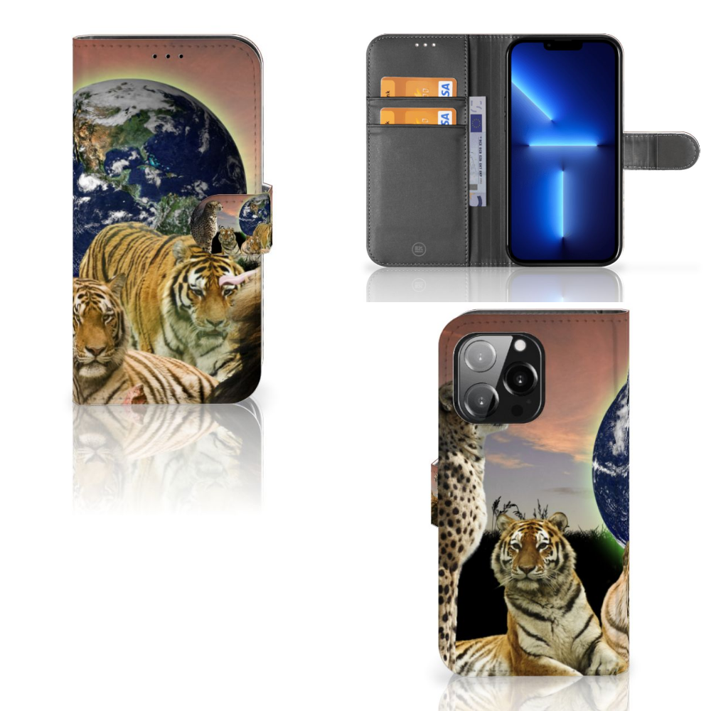 iPhone 13 Pro Telefoonhoesje met Pasjes Roofdieren met tijgers en wereldbol, uniek design aan alle zijden.
